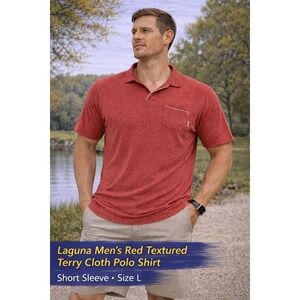 Laguna Men's Red Textured Terry Cloth Polo Shirt Short Sleeve Size L